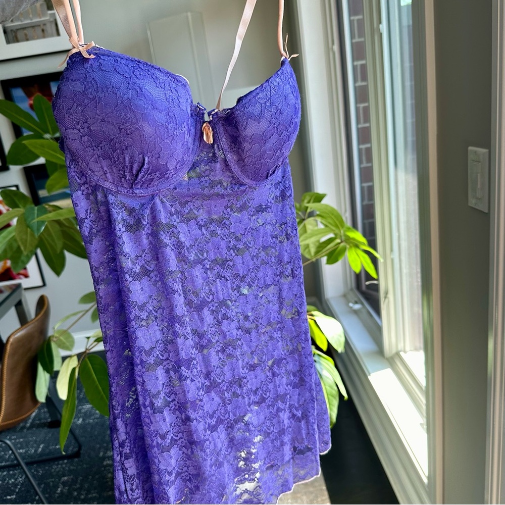 Just Sexy Intimate brand purple lace babydoll set with thong. Size L. Runs SMALL